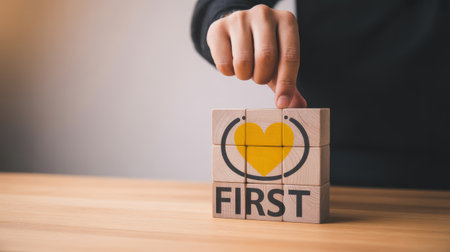 The a close-up of a hand in a business suit placing a wooden cube with a yellow heart symbol and the word "FIRST" on a wooden table. The background is blurred, focusing attention on the hand and the cube. The scene suggests concepts of priority, importance, and first steps in a business or context. The overall mood is and motivational, emphasizing the importance of setting priorities and taking the first step towards achieving goals.の素材