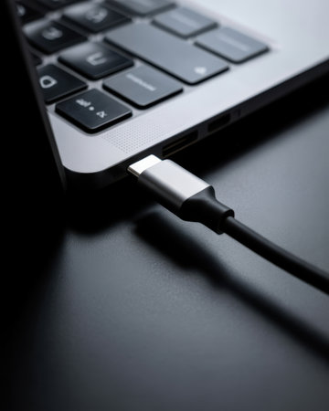A close-up macro shot shows a silver USB C connector with a black cable plugged into a silver laptop's port. The laptop's keyboard with dark keys is visible in the upper portion of the frame. The background is dark and smooth, with a subtle shadow cast by the cable.の素材