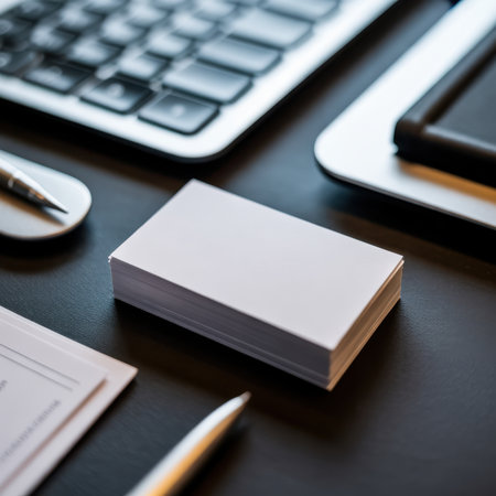 Business showing stack of blank white business cards on dark desk with laptop and pens image. High resolution image suitable for commercial use. Clear details and vibrant colors enhance visual appeal.の素材