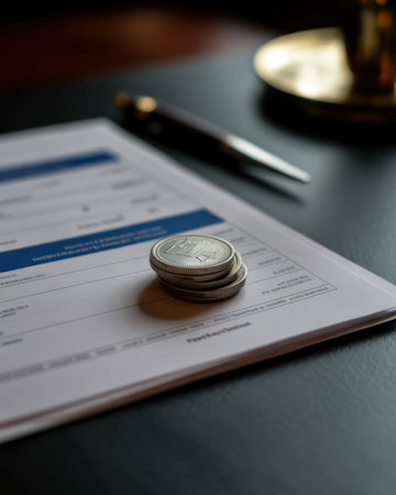 A close-up view shows a stack of three silver coins resting on a white paper document. The document has blue lines and text, suggesting a form or report. A dark pen lies diagonally across the paper in the background, and a blurred brass object is visible on the right. The surface beneath the paper is dark and textured.の素材