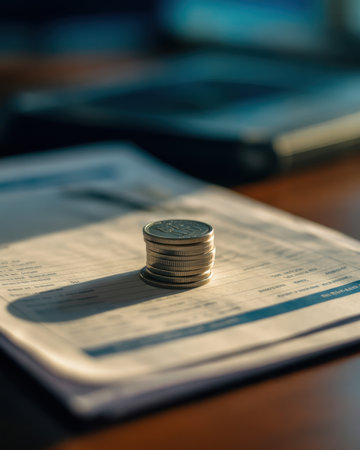 Coin showing stack of silver coins on paper document with blurred background money currency. High resolution image suitable for commercial use. Clear details and vibrant colors enhance visual appeal.の素材