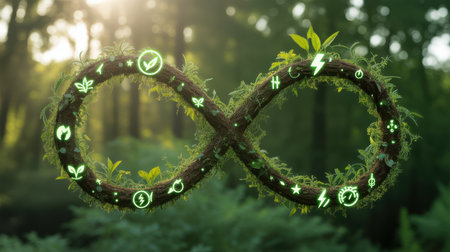 An infinity symbol is formed by thick, moss-covered branches intertwined with green leaves and vines. The branches are adorned with numerous small, glowing green icons representing nature and energy, such as leaves, lightning bolts, light bulbs, and recycling symbols. The background is a softly blurred forest scene with dappled sunlight filtering through the trees.の素材