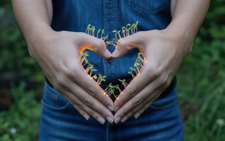 A close-up view of two hands forming a heart shape. Tiny green sprouts are growing along the outline of the heart, intertwined with delicate, glowing orange and yellow fairy lights. The hands are positioned against a blurred background of green foliage and the person is wearing a blue denim shirt and jeans.の素材
