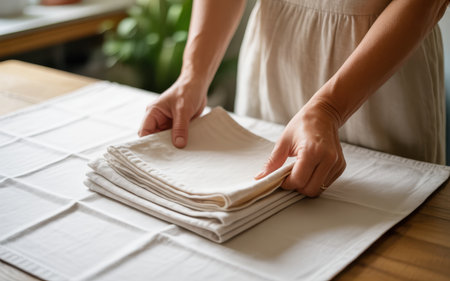 A close-up view shows a person's hands folding a stack of beige cloth napkins onto a white placemat. The placemat is laid out on a wooden table. The background is softly blurred, showing a hint of a kitchen counter and greenery. The overall mood is calm and domestic.の素材
