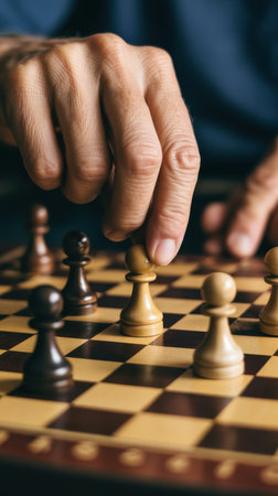 A close-up view shows a hand with wrinkled fingers carefully moving a light-colored pawn on a wooden chessboard. The board has alternating dark and light brown squares. Several other dark and light pawns are visible on the board. The background is a dark blue fabric.の素材