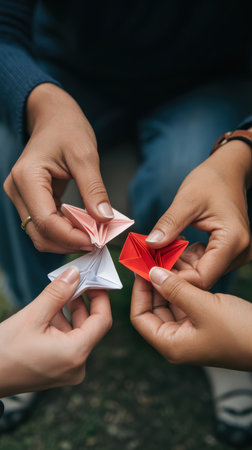 Close-up view of several hands holding and folding colorful origami paper. One hand holds a red origami shape, another holds a pink origami shape, and a third holds a white origami shape. The background is blurred and appears to be outdoors with green foliage.の素材