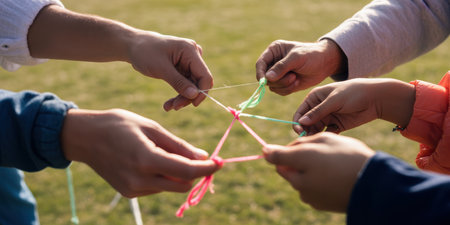Several hands of different ages are holding and manipulating a star-shaped structure made of colorful kite strings. Pink, green, and white strings are intertwined, with some hands holding the knots and others guiding the lines. The background is a blurred green field, suggesting an outdoor setting.の素材