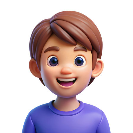 A 3D rendered cartoon character of a young boy. He has smooth brown hair, large blue eyes, a smiling mouth showing teeth and pink gums, and fair skin. He is wearing a plain purple crew neck shirt. The character is presented against a pure white background.の素材
