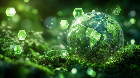 Globe and green environment concept. 3d rendering toned imageの素材