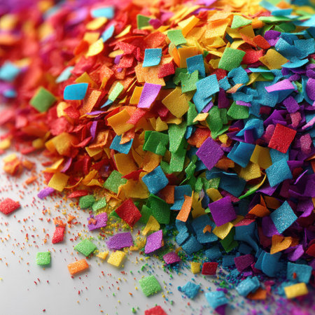 A vibrant pile of rainbow-colored confetti is shown in a close-up shot, highlighting the texture and individual pieces.の素材
