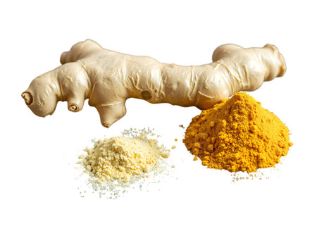 Turmeric powder, ginger root and powder isolated on white background.の素材