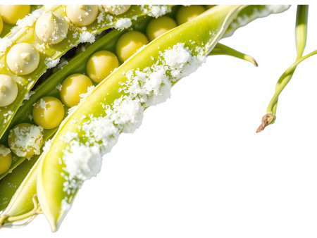 Pods of green peas on a white background with space for textの素材