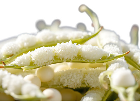 Pods of green peas with coconut flakes on a white background.の素材
