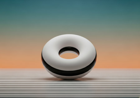 Single white donut on striped surfaceの素材