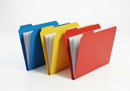 Colorful file folders arranged in a rowの素材