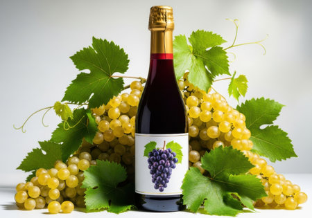 Bottle of wine surrounded by grapesの素材