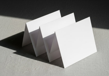 Three folded white cards on fabricの素材