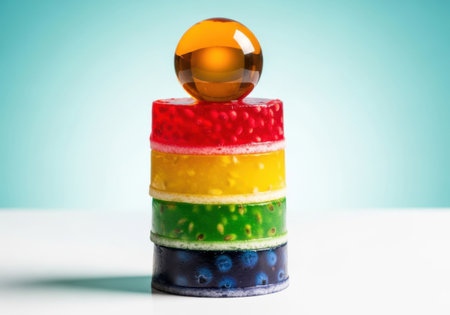 Colorful layered cake with orange toppingの素材