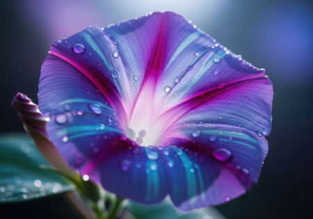 Vibrant purple flower with dew dropsの素材