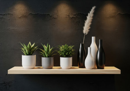 Modern shelf decor with plants and vasesの素材
