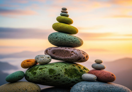 Balanced stones at sunsetの素材