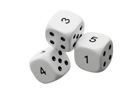 Three dice rolling on a surfaceの素材