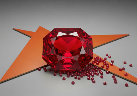 Large red gemstone with smaller crystalsの素材
