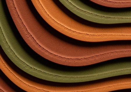 Stacked leather coasters in brown and greenの素材