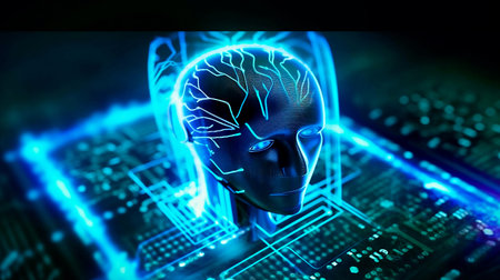 3d rendering of human head with circuit board in dark background.の素材