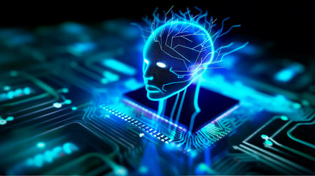 3D rendering artificial intelligence concept with human head and circuit board backgroundの素材