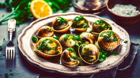 Baked snails with butter and parsley. seafood.の素材