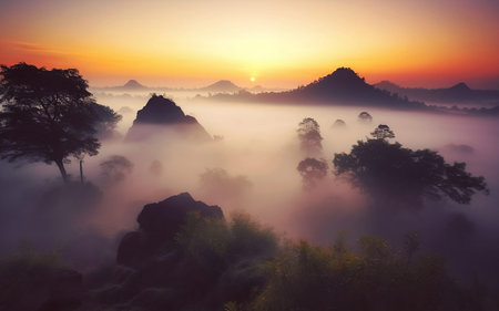 Beautiful sunrise over the misty mountains in the morning, Thailandの素材