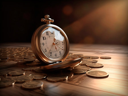 Pocket watch and coins. Time is money concept. 3d illustrationの素材