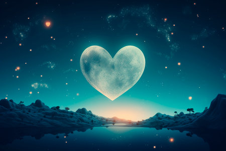 Heart in the sky with stars and moon. 3D rendering.の素材