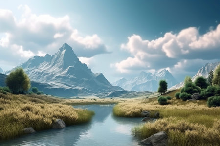 Fantasy landscape with mountains and river. 3d render illustration.の素材