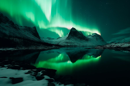 Aurora borealis, Northern lights over a lake in Icelandの素材