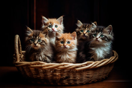 Group of Maine Coon kittens in a basket on dark background.の素材