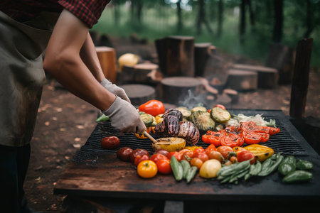 Close-up of a man cooking vegetables on a barbecue grill.の素材
