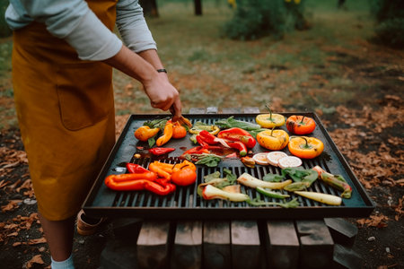 A man in an apron cuts vegetables on a barbecue grill.の素材