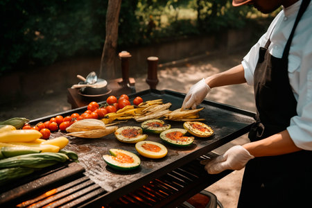 man in white gloves preparing zucchini, corn and tomato on grillの素材
