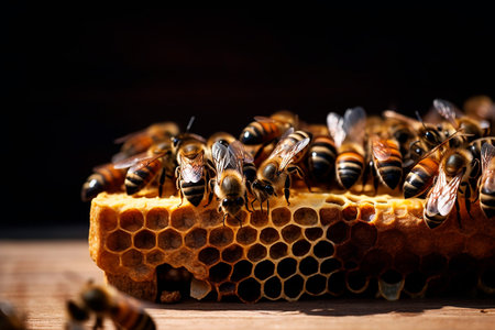 Close up view of the working bees on honeycells. Honey is beekeeping healthy produce.の素材