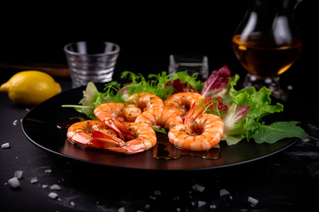 Boiled shrimps with green salad and lemon on black plateの素材