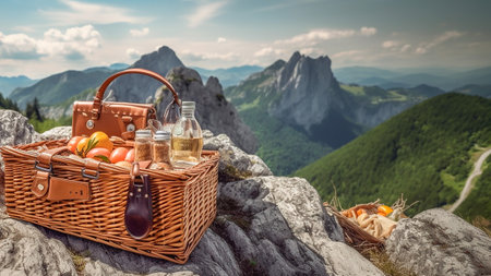 Picnic basket on the top of a mountain with wine and breadの素材