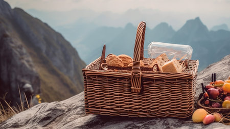 Picnic basket with food on the rock in the mountains. picnic conceptの素材