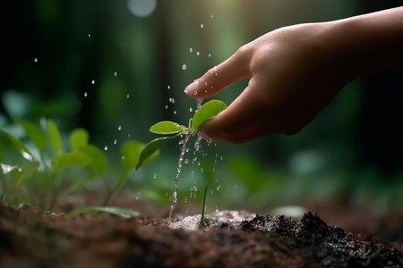 Human hand watering a young plant with water drops. Ecology and environment concept.の素材