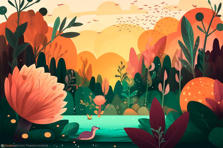 Autumn landscape with flowers, trees and birds. vector illustration.の素材