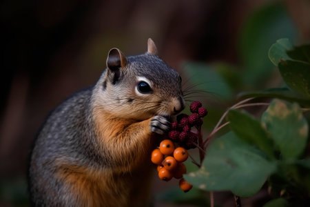 Squirrel eating a berry in a forest in the fall.の素材