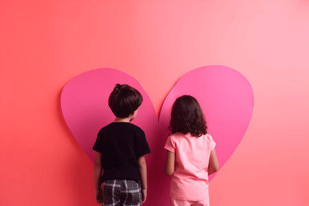 Two little girls looking at a big pink heart on a pink backgroundの素材
