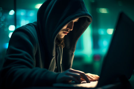 Hooded hacker stealing information from a laptop. dark background.の素材