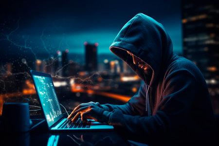 Side view of hacker in hood using laptop on night cityscape backgroundの素材